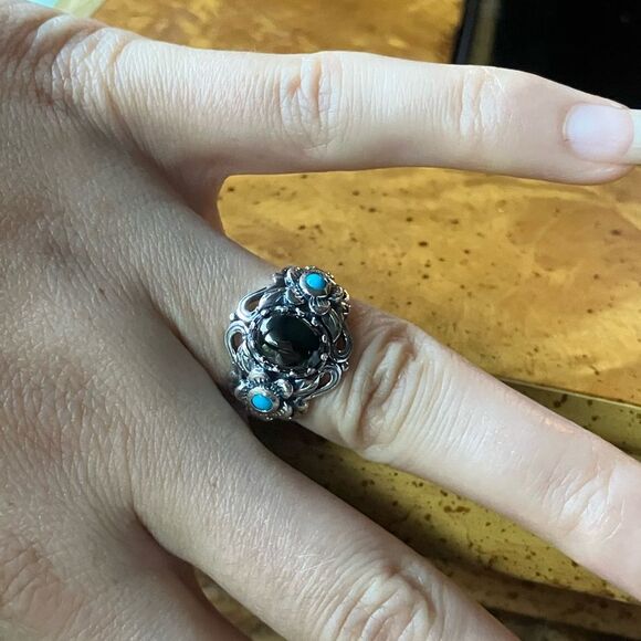 Natural Shungite Sleeping Beauty Turquoise Sterling Silver Ring Size 6 - Picture 4 of 9